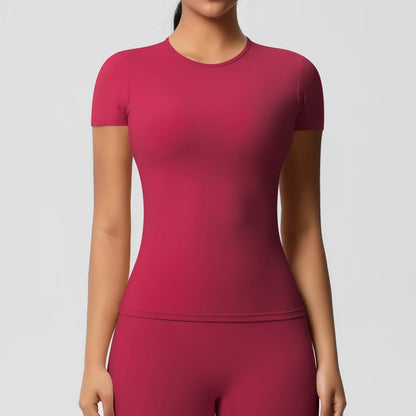 Frauen Laufen Sport T-shirt Sommer Kurzarm Rundhals Atmungsaktive Dehnbare GYM Yoga Slim Fitness Aktive Top