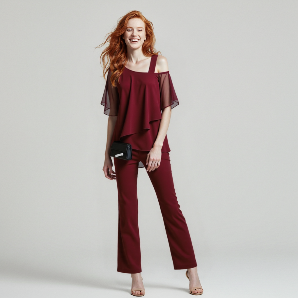 Damen Zweiteiler Satz| Eleganter Jumpsuit mit Cold Shoulder Bluse