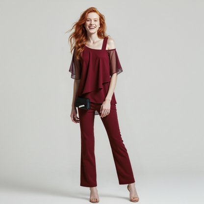 Damen Zweiteiler Satz| Eleganter Jumpsuit mit Cold Shoulder Bluse